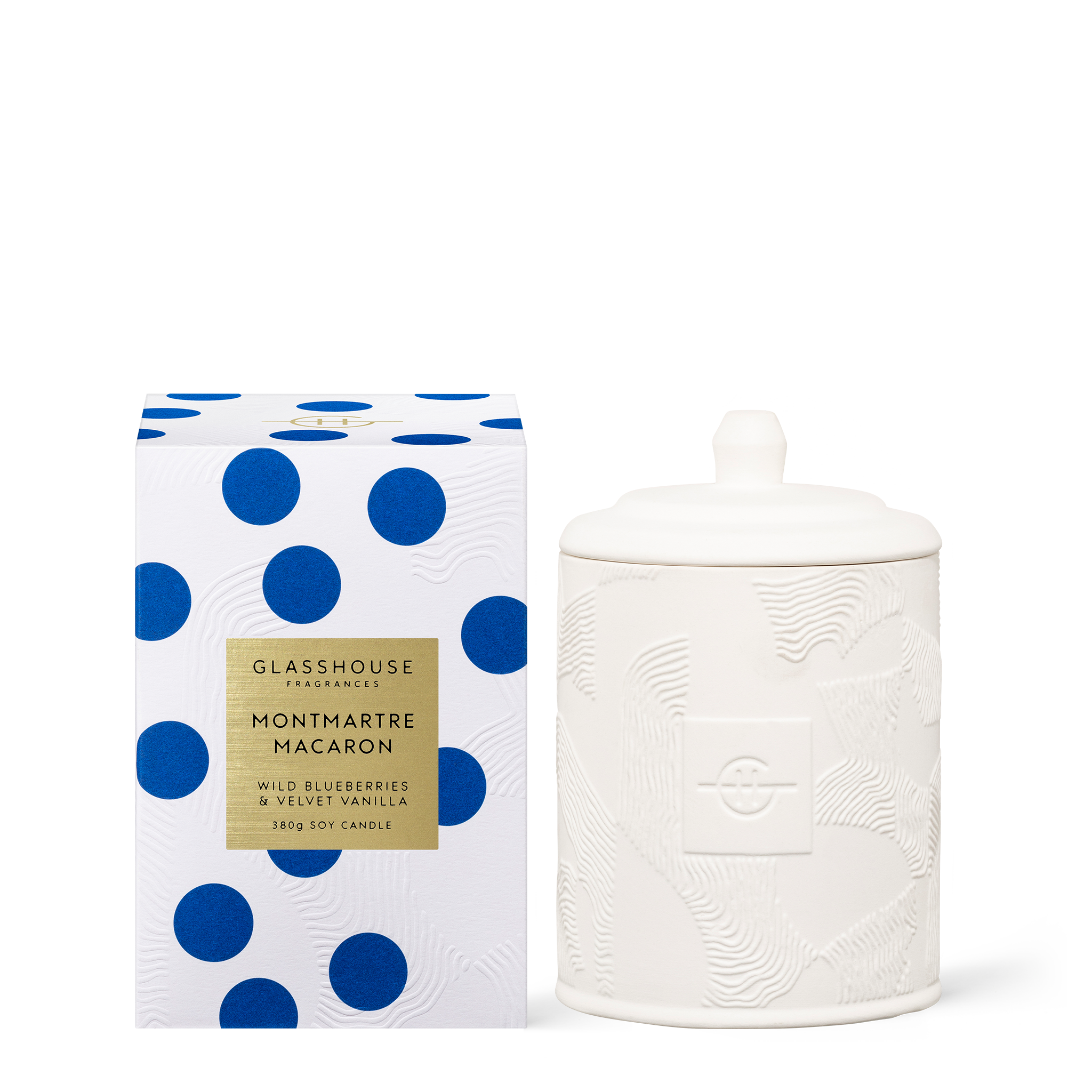 Glasshouse Fragrances Montmartre Macaron Blueberries and Vanilla 380g Soy Candle with box