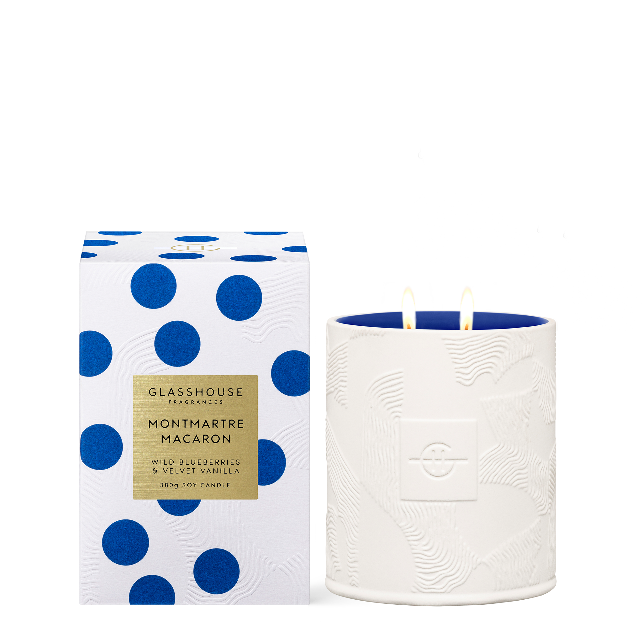 Glasshouse Fragrances Montmartre Macaron Blueberries and Vanilla  380g Soy Candle burning beside box