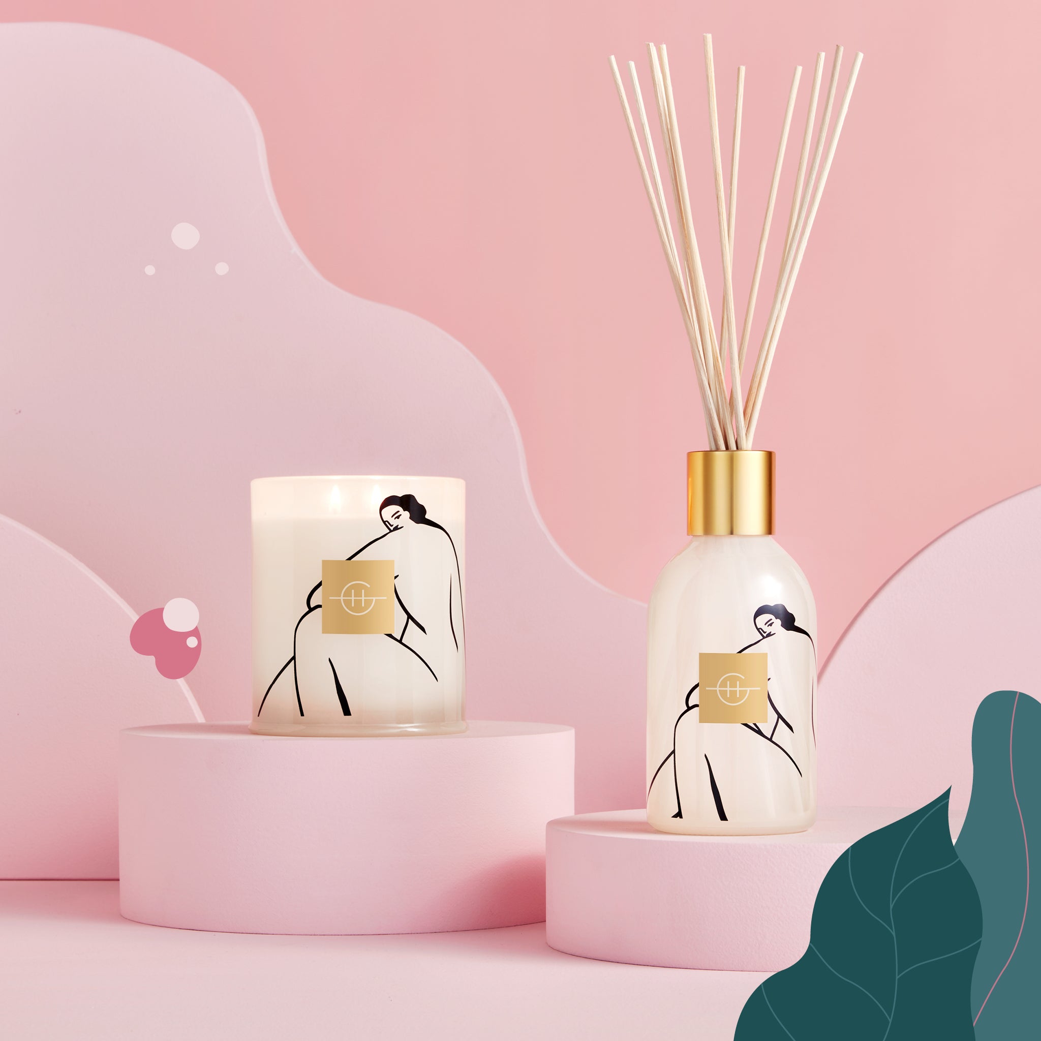 Glasshouse Fragrances Ode to Women Cashmere and Wild Lavender Soy Candle and Fragrance Diffuser over candy pink background